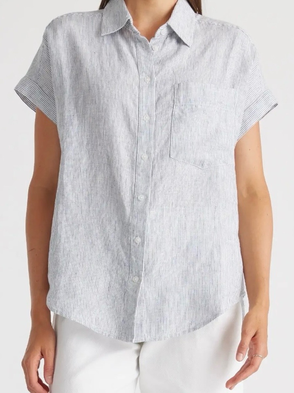 Quince Light Blue and White Striped Casual Button-Down Shirt